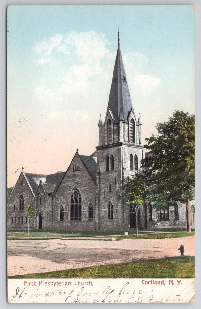 Cortland NY First Presbyterian Church Polychrome Postcard c.1910 Posted