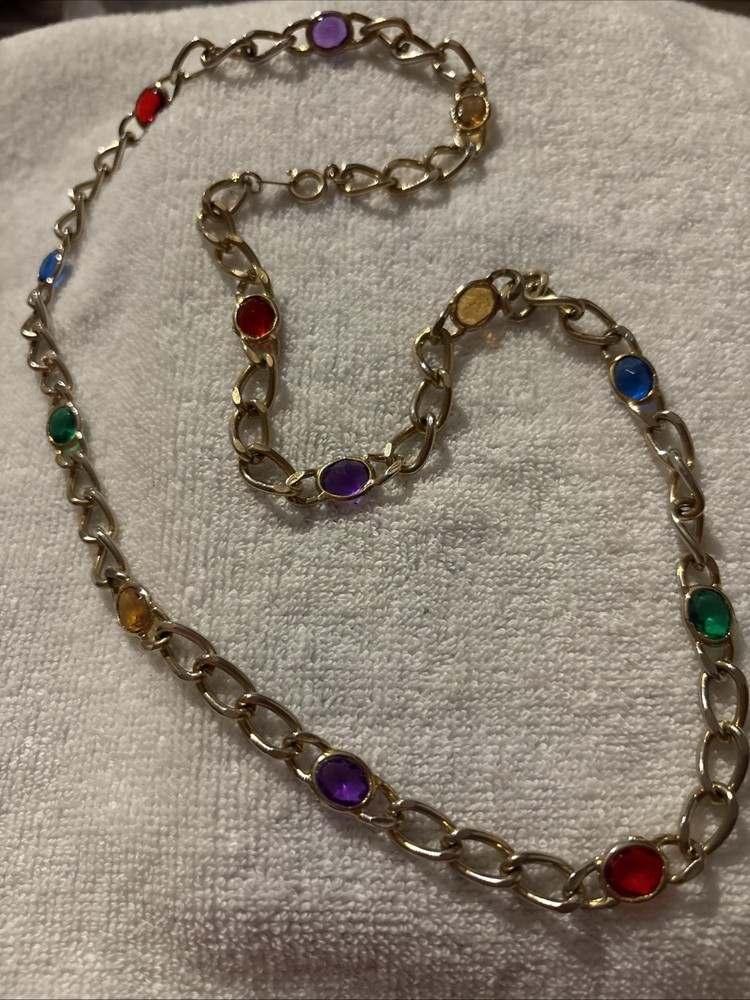 Long Multicolor Rainbow Bezel Set Station Necklace Gold Tone Vintage