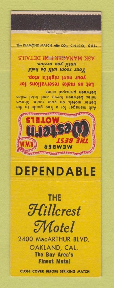 Matchbook Cover - Best Western Hillcrest Motel Oakland CA
