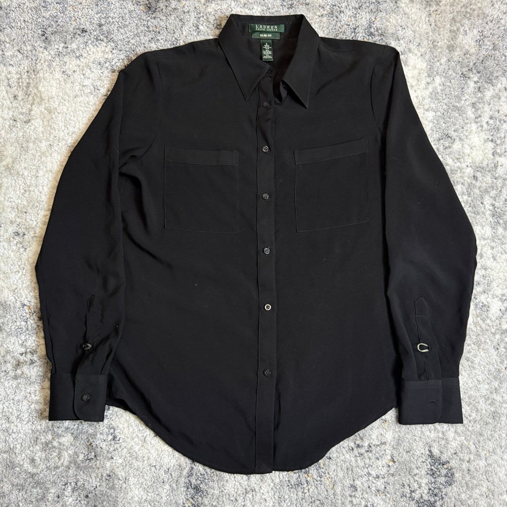 Lauren Ralph Lauren Slim Fit Black Button Down Shirt Women Small Stretch Blouse