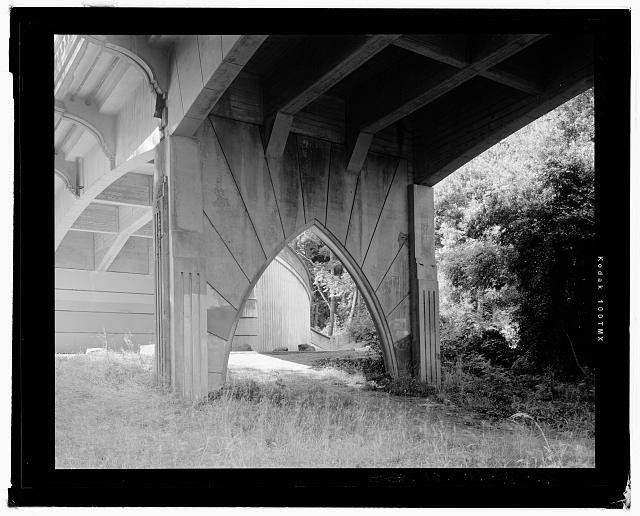 33. Detail view of the Coos Bay Bridge Tudor arch approach span pier, view