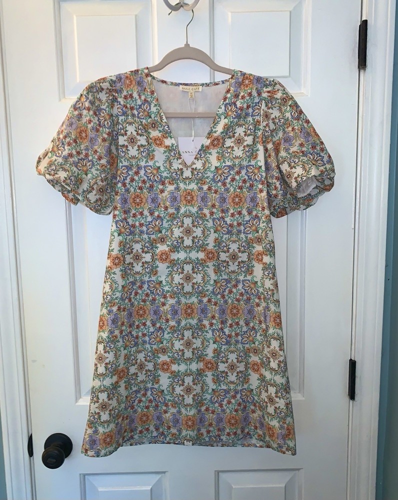 Anna Cate Womens NWT $254 Floral Print Boho Mini Shift Puff Sleeve Dress Size XS