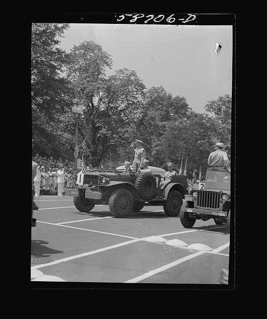 Photo:1940s Military Jeep Parade Crowd Trees Flags Road Race or Display