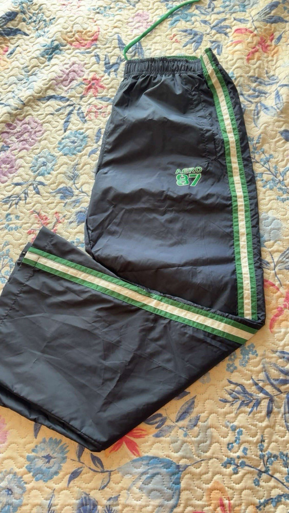 Aéropostale Men's M Nylon Track Pants Black/Green/White Striped Drawstring