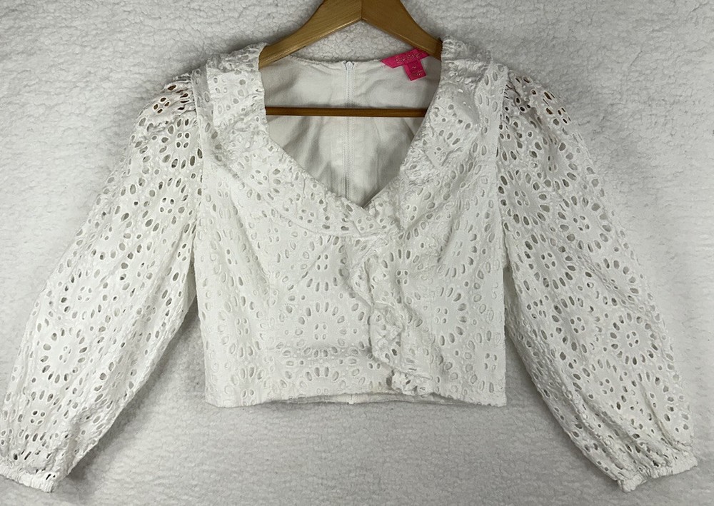 Lilly Pulitzer Womens Size 2 Top Blouse White Eyelet Ruffed V-neck Long Sleeve