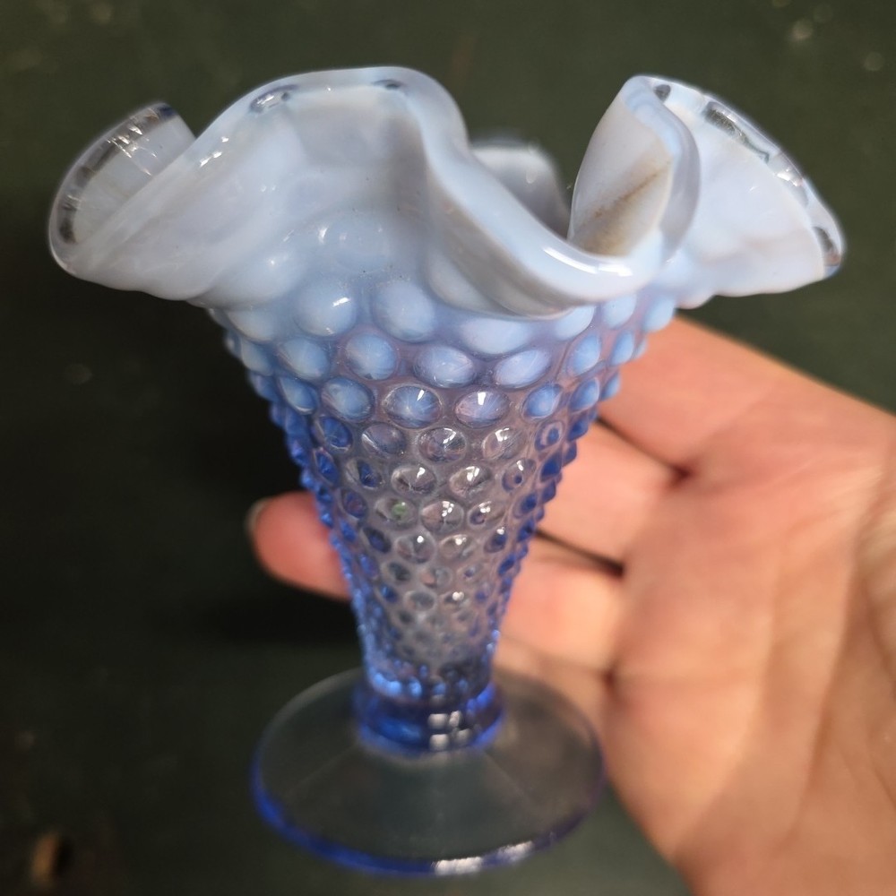 Vintage Fenton Vase Blue/Milk Opalescent Hobnail French Ruffle 1940-50's 3.75