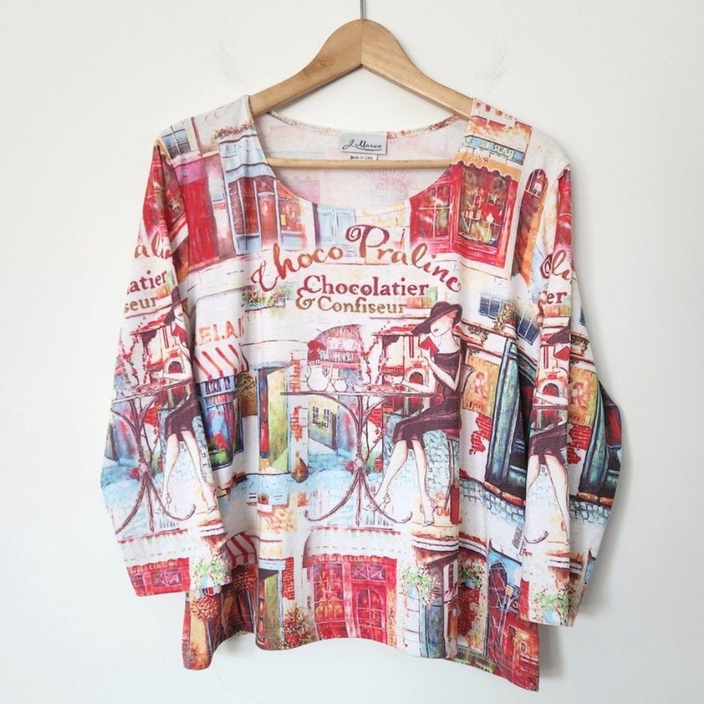 Vtg French Art Graphic Top Size Large 90s Y2K Red White Cyber Grunge Paris Motif