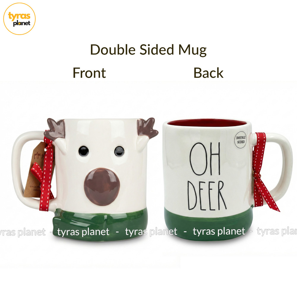 RAE DUNN “OH DEER” Reindeer Mug Antlers Scarf Double Sided Red Interior