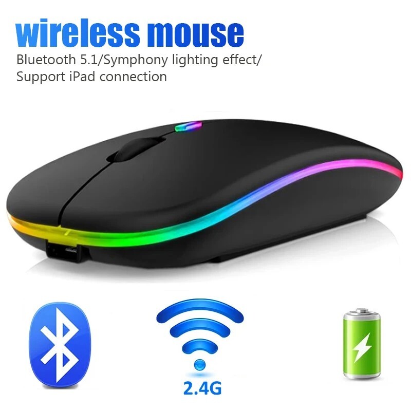 2.4GHz Wireless Optical Mouse USB Rechargeable RGB Cordless Mice For PC Laptop