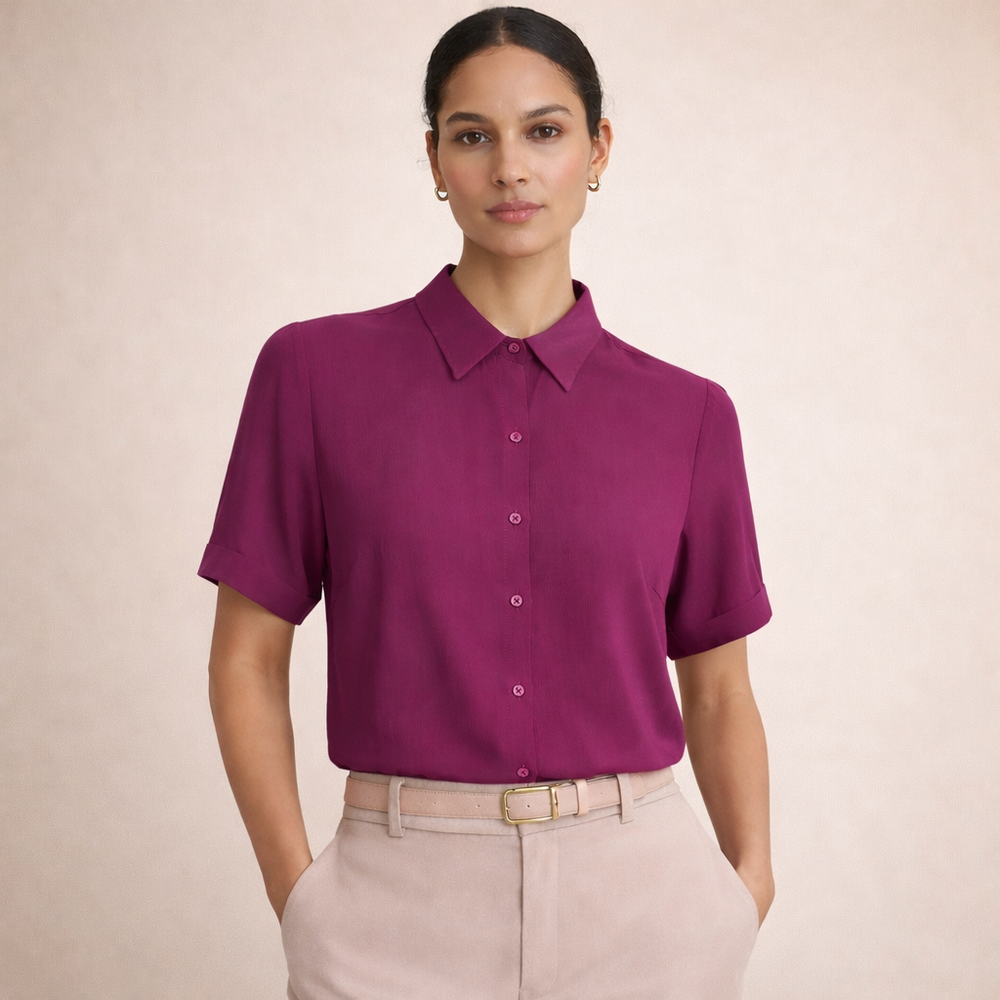 Bohme Purple Rayon Button Front Blouse Collared Short Sleeve Relaxed Fit Size S
