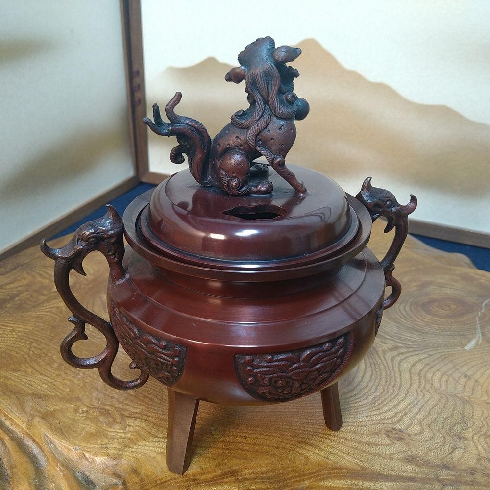 Japanese Bronze Incense Burner Metal Censer Shishi Lion Metalwork 7 inch