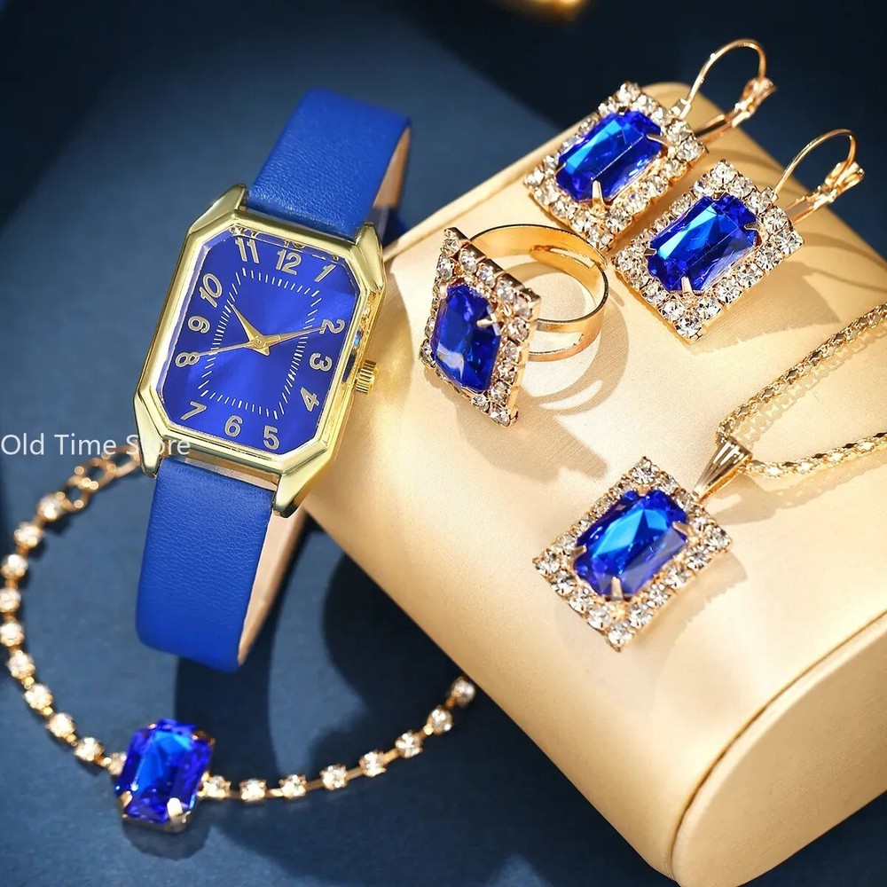 Square Quartz Women's Watch with Rhinestone Jewelry Necklace, Earrings, and Ring