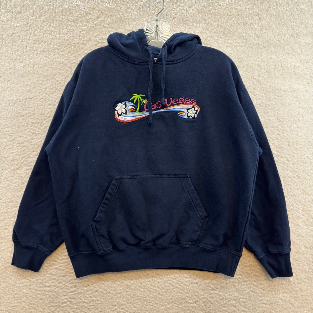 Y2K Vintage Hoodie Sweatshirt L Large Womens Navy Blue Las Vegas Surfer Tropical