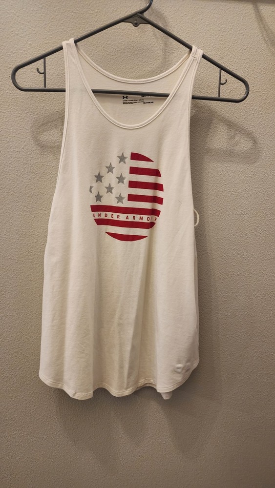 Under Armour Women's White Tank Top Flag Low Cut Arms Loose Fit Size Small