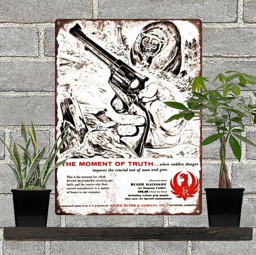 1957 RUGER Blackhawk Revolver Howard Nostrand Bear Art Metal Sign 9x12