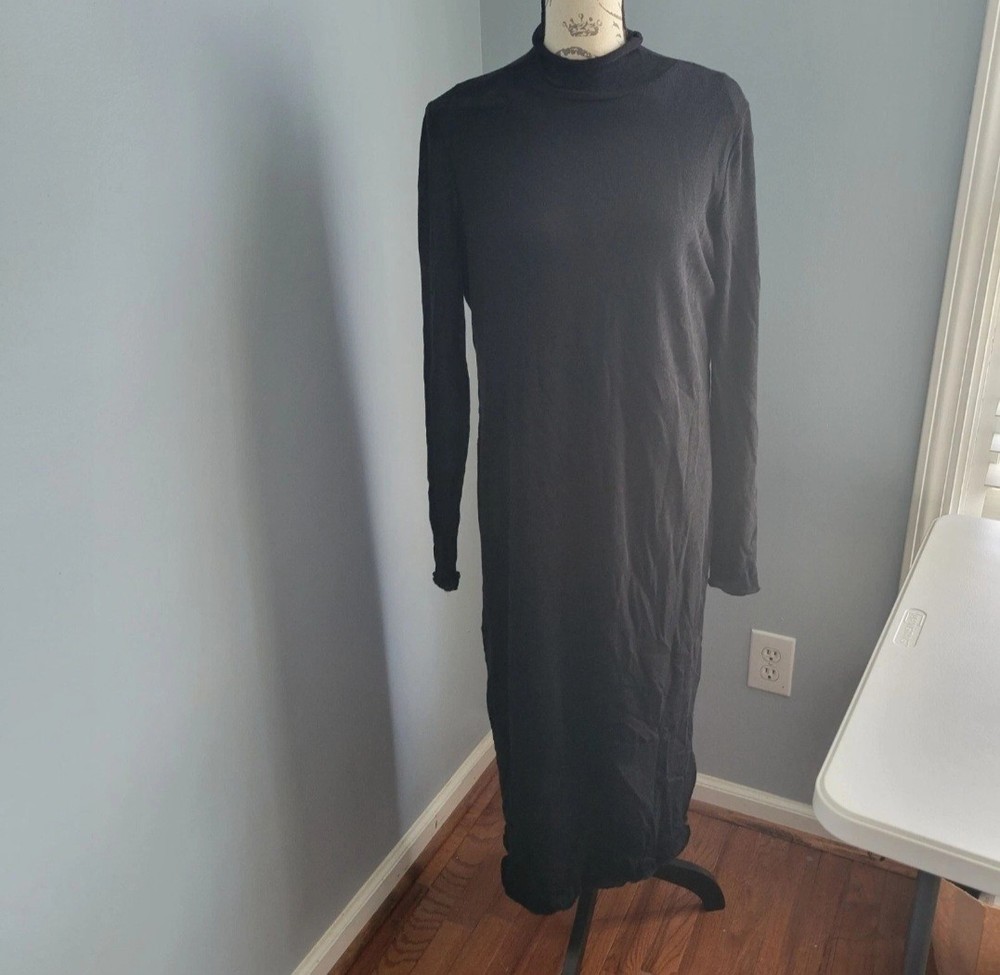 Massimo Dutti Mock Neck Black Long Sleeve Knit Dress Maxi Minimalist Goth Medium