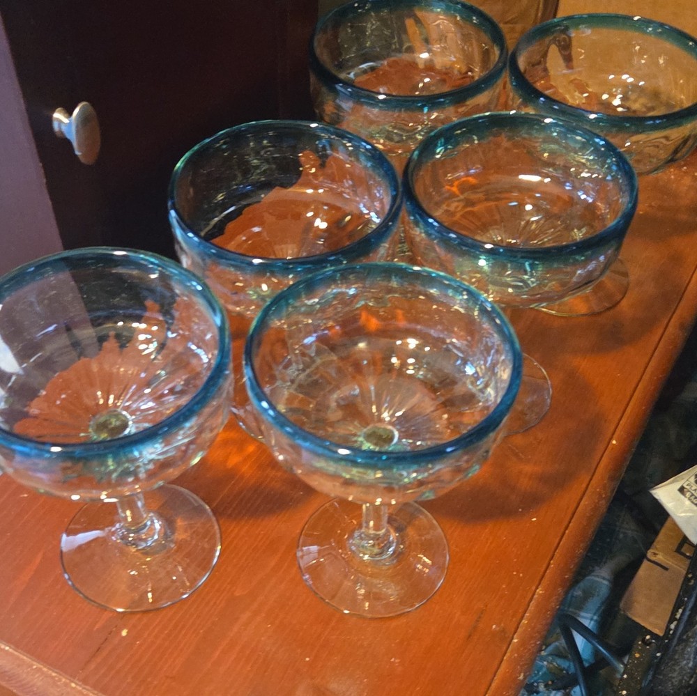 6-Piece Margarita Glass Set, Clear Glass with Blue Rim, Round Design