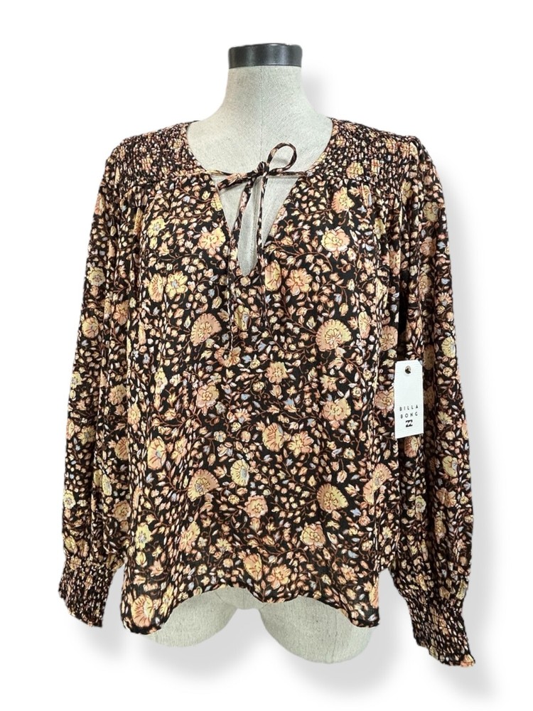 BILLABONG Late Night Blouse Sz M Black Orange Floral VNeck Peasant Sleeve Cotton
