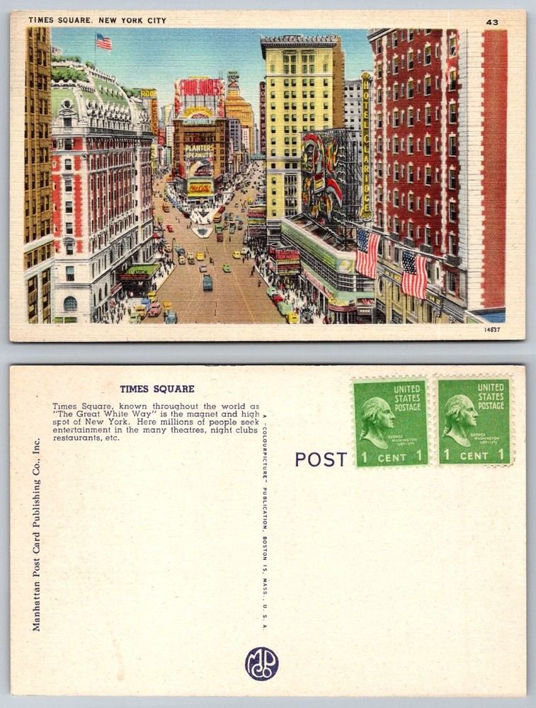 Vintage Times Square New York City Linen Postcard 1950s NYC Street Scene