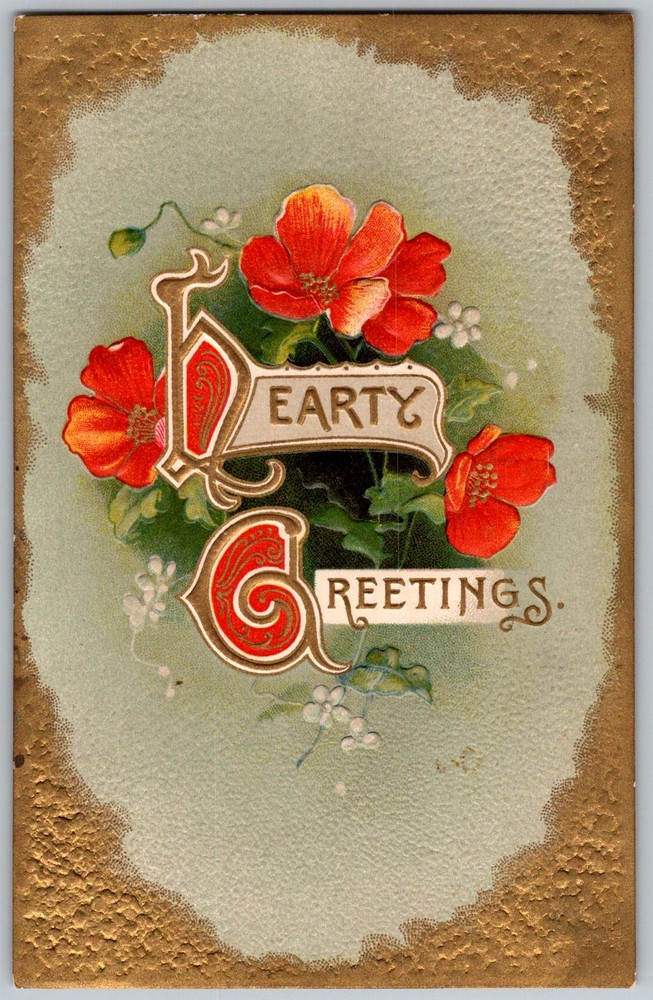 Antique Postcard Hearty Greetings Poppy Design DE 1910s