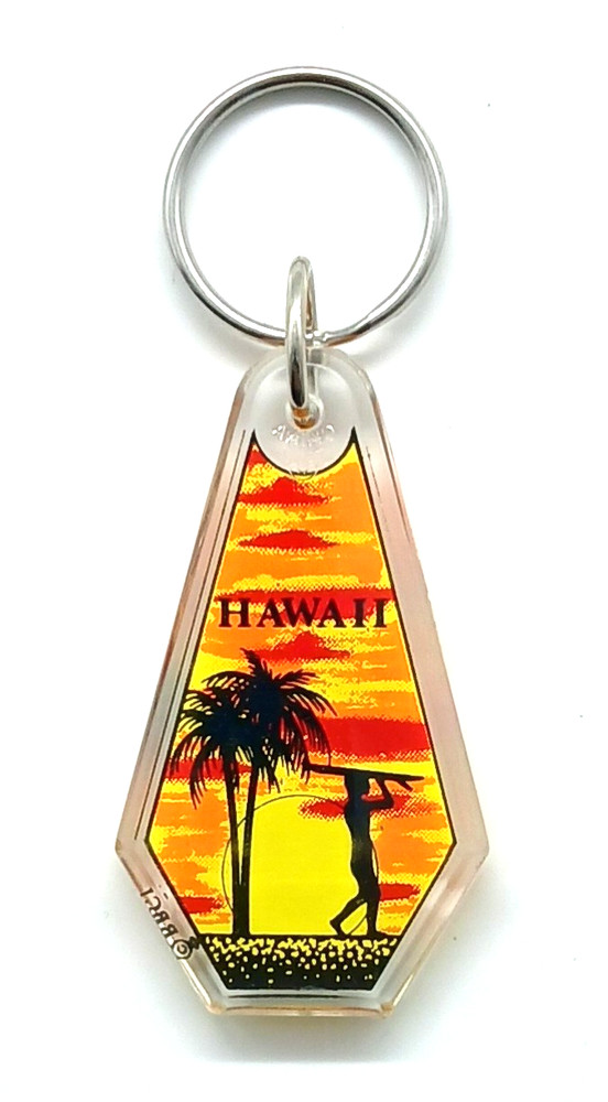 Vintage Hawaii Sunset Palm Tree Beach Surfer Keyring Keychain