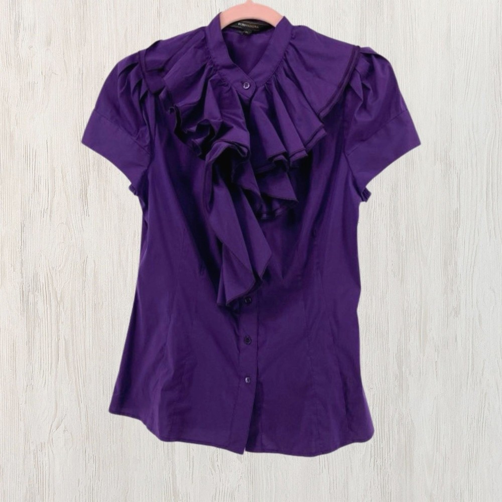 BCBGMAXAZRIA Womens Purple Ruffle Jabot Button Blouse Front Short Sleeve Small