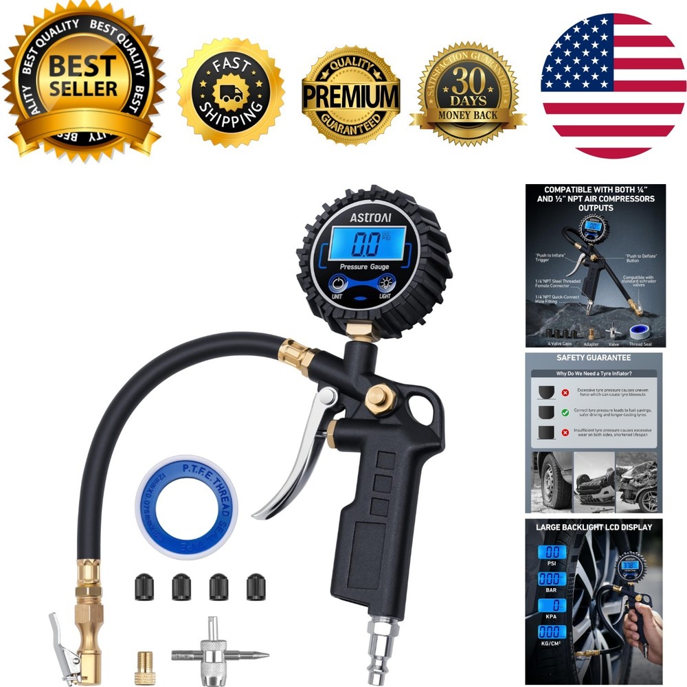 Accurate 3-250 PSI Tire Pressure Gauge & Inflator for Maximized Vehicle Safety-image