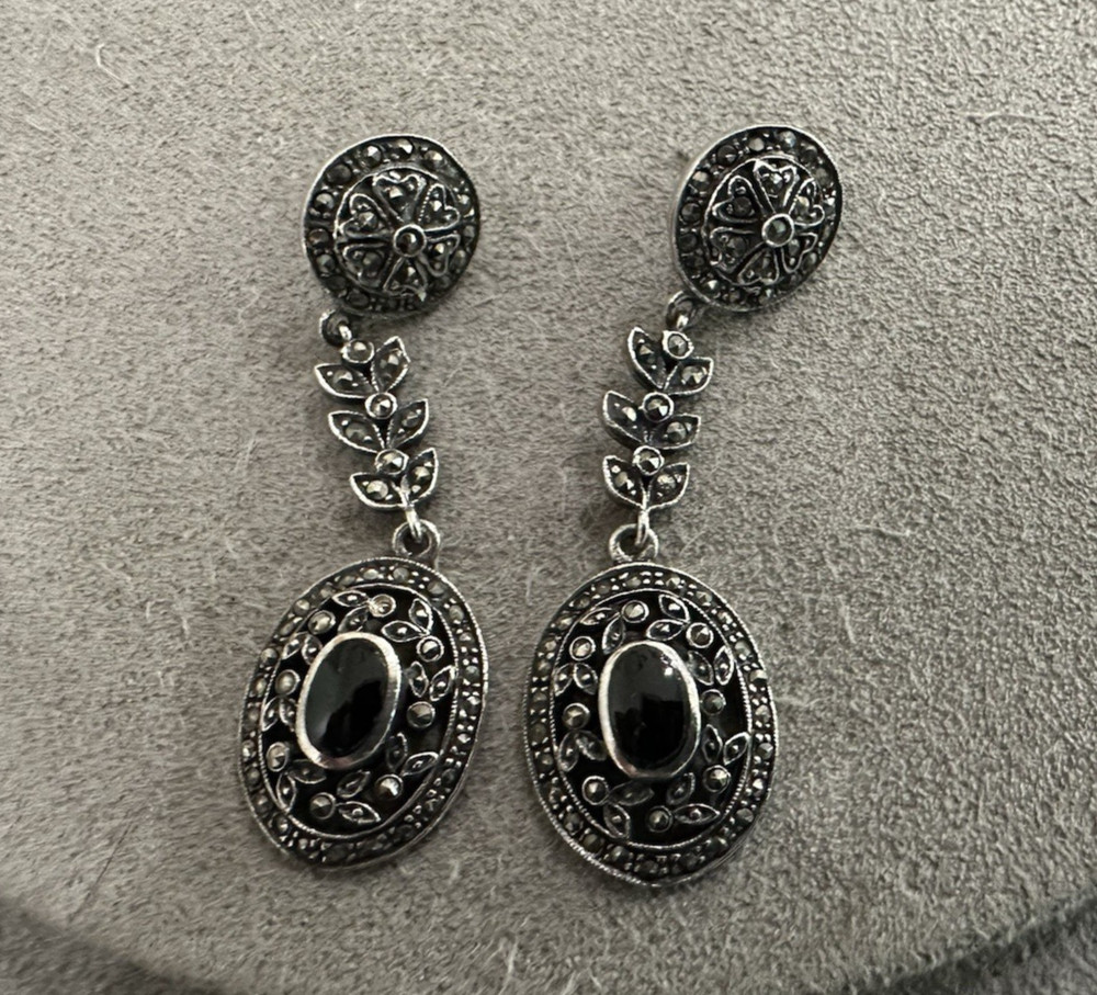 Vintage Sterling Silver Floral Onyx Marcasite Drop Dangle Earrings 2