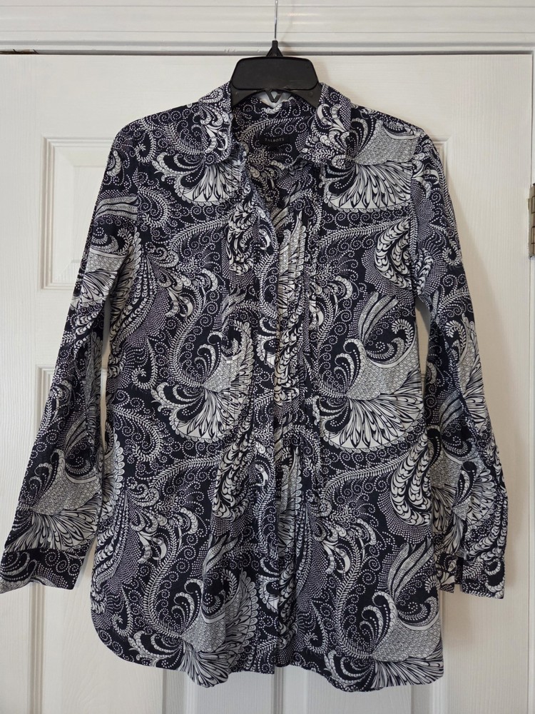 Talbots Women's Long Sleeve Black and White Paisley Size XS Button Down Shirt
