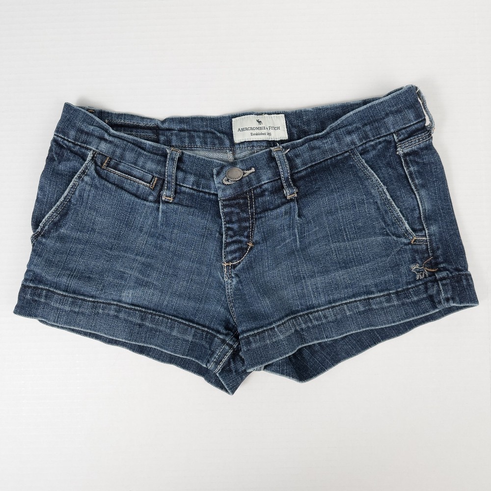 Abercrombie & Fitch Y2K Low Rise Denim Micro Shorts Womens 2 Blue Moose Logo