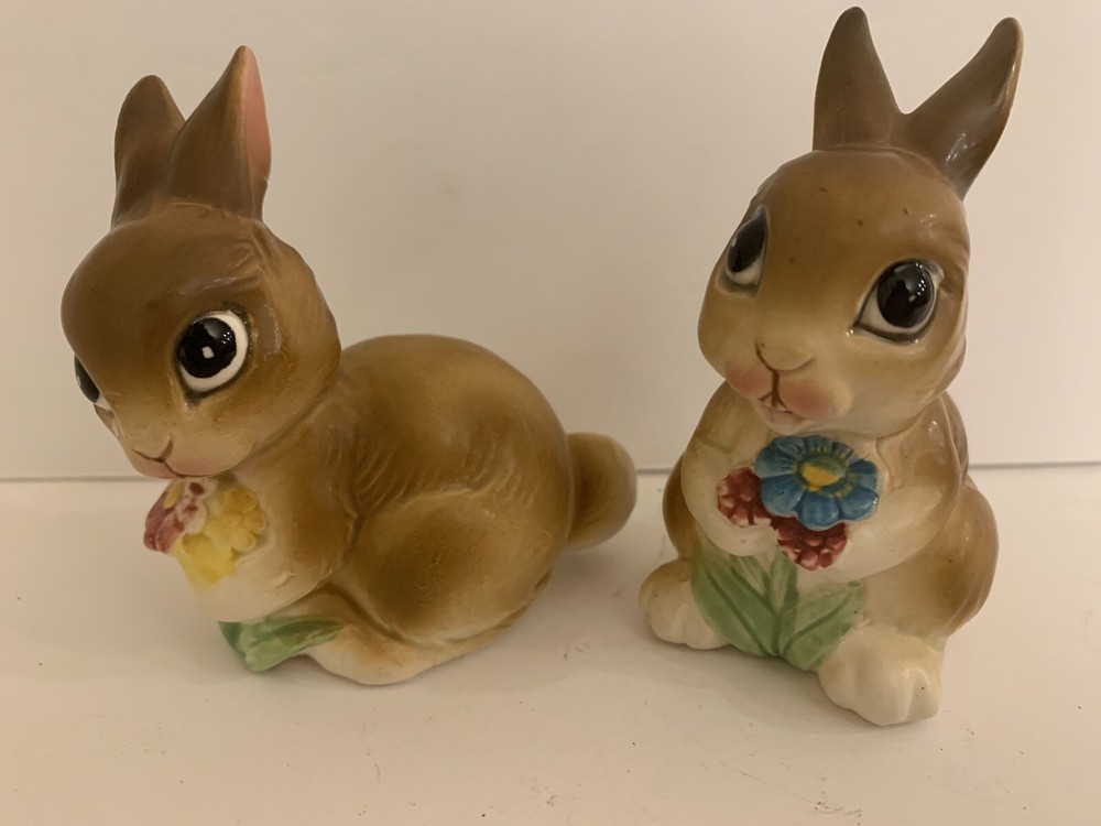 Set 2 Napcoware Mini Bunny Rabbit Ceramic Easter Figurine Napco Japan 3.5” VtG