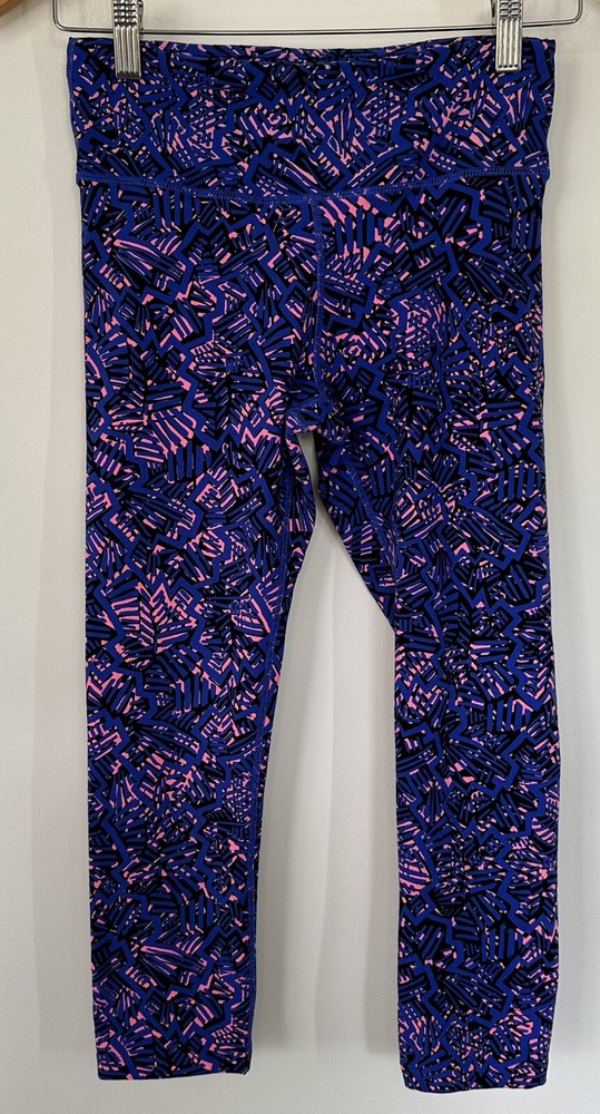 Rock Wear Tights Size 8 3/4 Length High Waist Blue Pink Abstract Palm Print-image