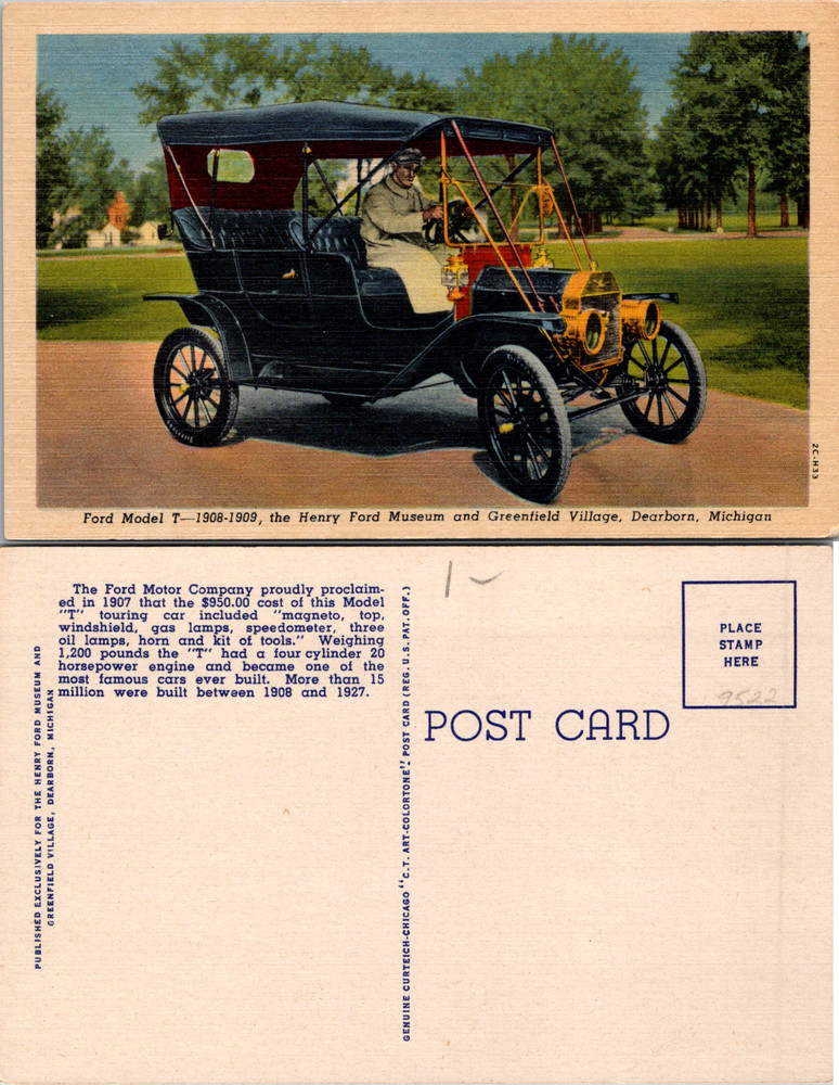 Ford Model T Henry Ford Museum Greenfield Village Linen Dearborn vtg Postcard