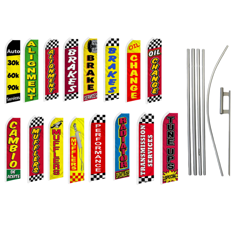 Auto Muffler Brakes Services Variations Swooper Advertising Banner Flag Pole Kit