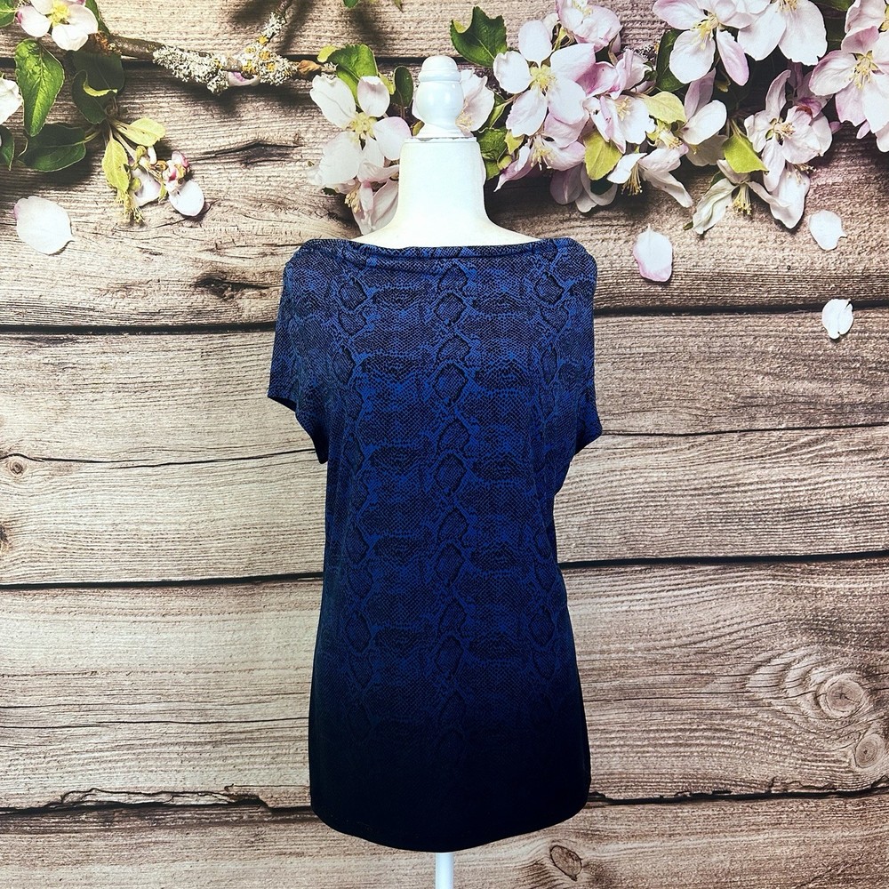 Liz Claiborne Women’s Dark Blue Snakeskin Print Boat Neck Blouse Large