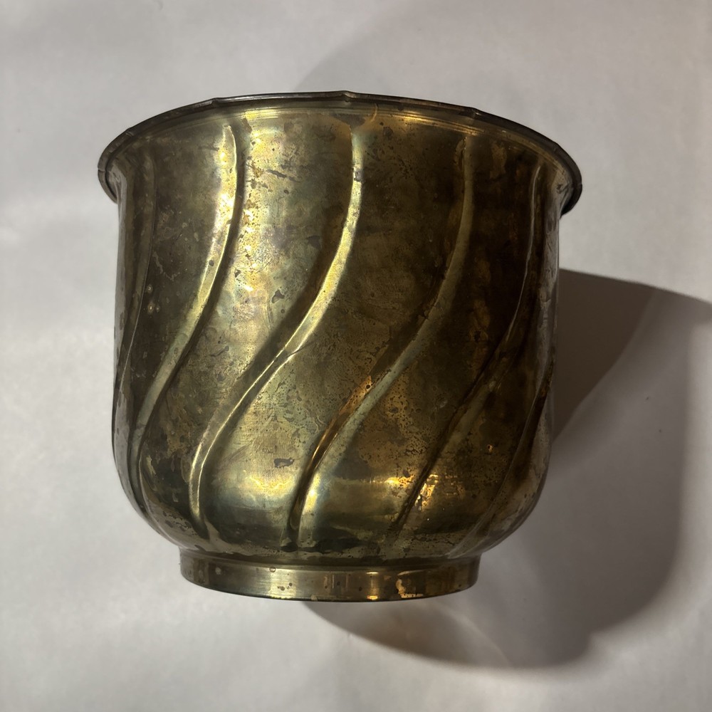 Vtg Brass Flower Pot Planter Bowl Swirled Pattern India MCM Boho Retro Art Deco