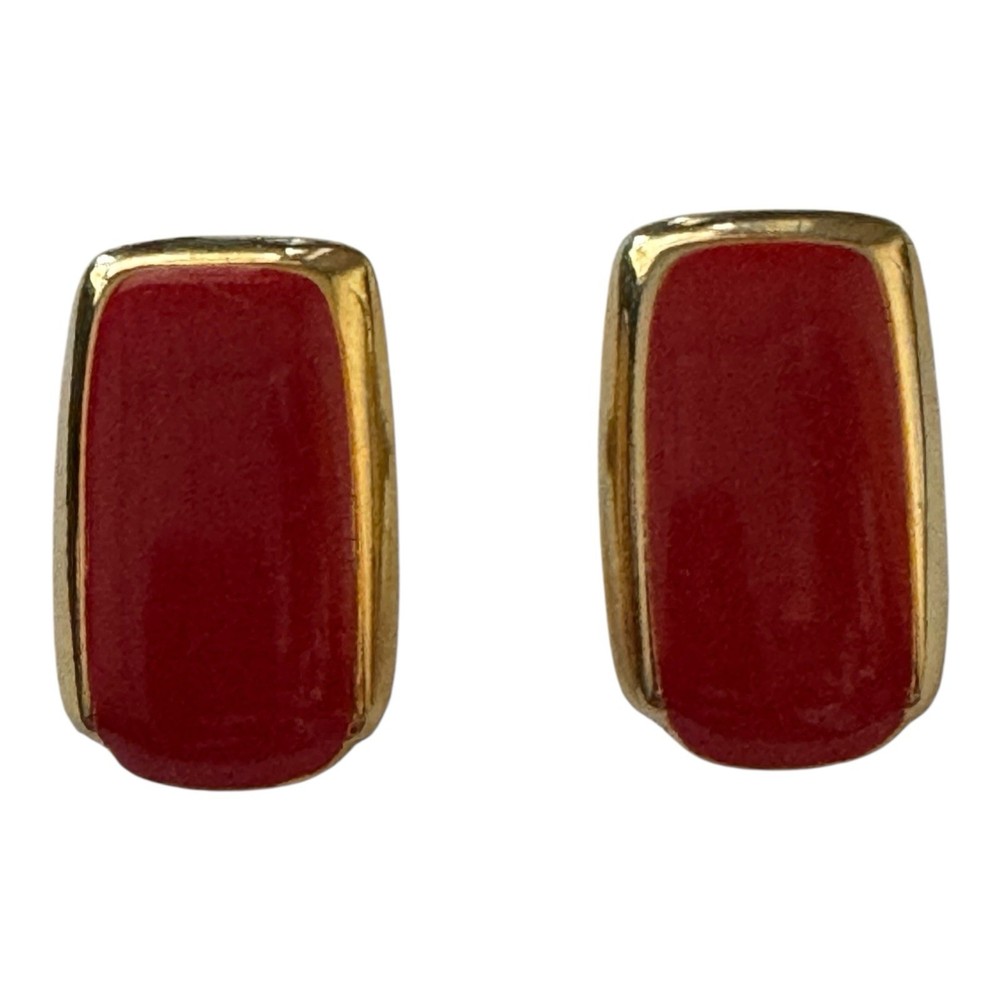 Vintage Enamel Rectangle Stud Earrings Red Gold Tone Costume