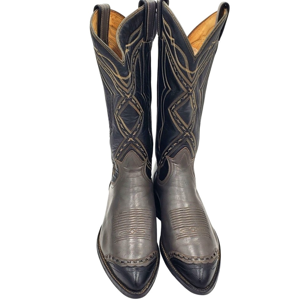Vintage Tony Lama Men's size 9E Gray Black leather lizard wing tip Cowboy boots