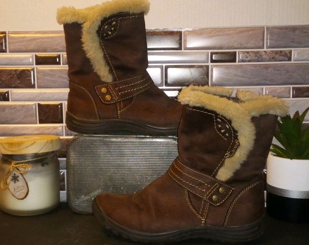 Size 6- EARTH SPIRIT Women's Boots Brown Suede 1/4 Calf Faux Fur Trim Bohemian