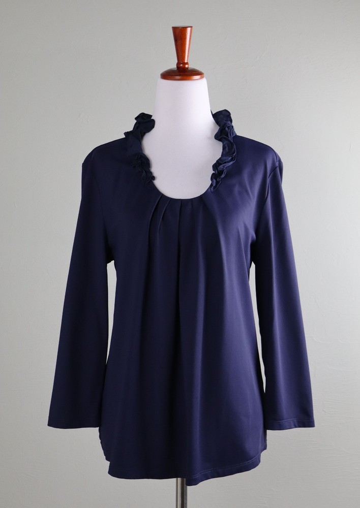 J. MCLAUGHLIN $178 Smooth Stretch Navy Ruffle Collar Pleated Tee Top Size Small