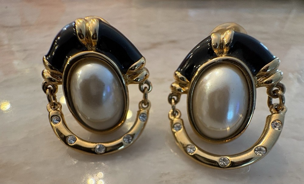 Courreges Paris Gold Trim with Black Enamel Faux Pearl Clip On Earrings Vintage