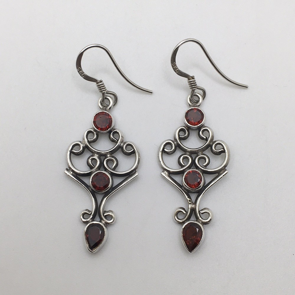 925 Sterling Silver Vintage Victorian Red Stone Filigree Drop Hook Earrings #49