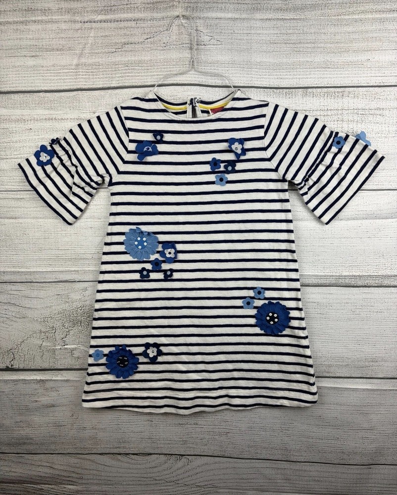 Mini Boden Girls A-Line Striped Floral Appliqué Dress Ruffle Sleeve 5-6Y