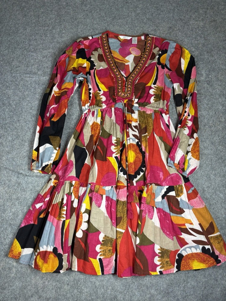 Kactus Women’s S Abstract Artsy Floral Ruffle Puff Sleeve Tiered Dress Boho