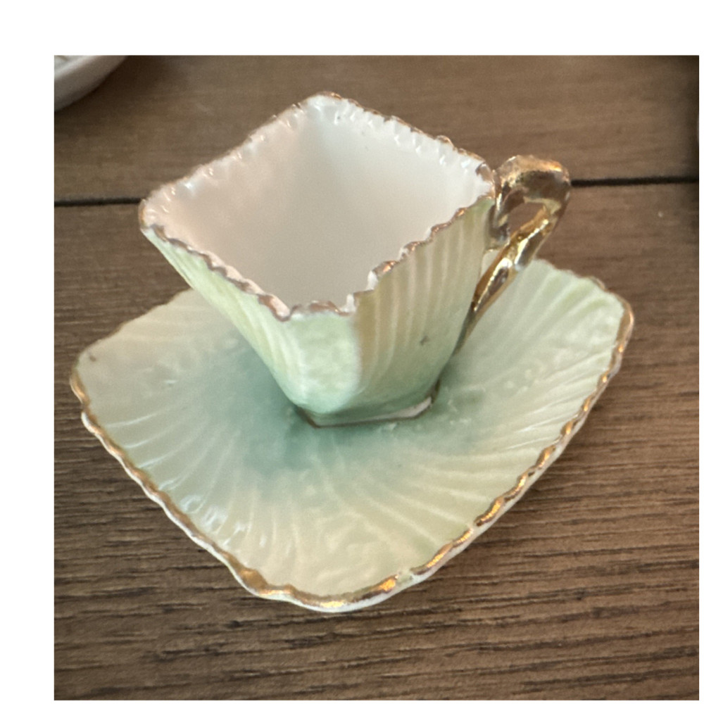 Square Green White Gold Trim Miniature Ceramic Cup & Saucer Set 2-Piece