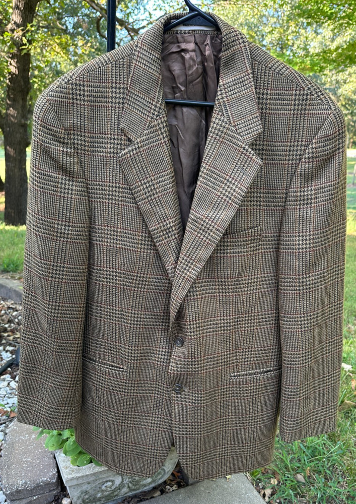 Chaps Ralph Lauren Pure Wool Tweed Blazer Sport Coat Jacket Brown Plaid
