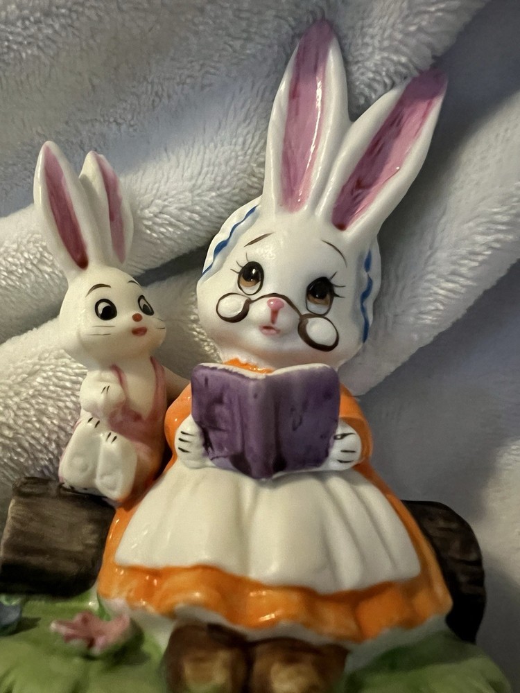 Vintage Lefton Porcelain Bunny Figurine Reading to Grandson