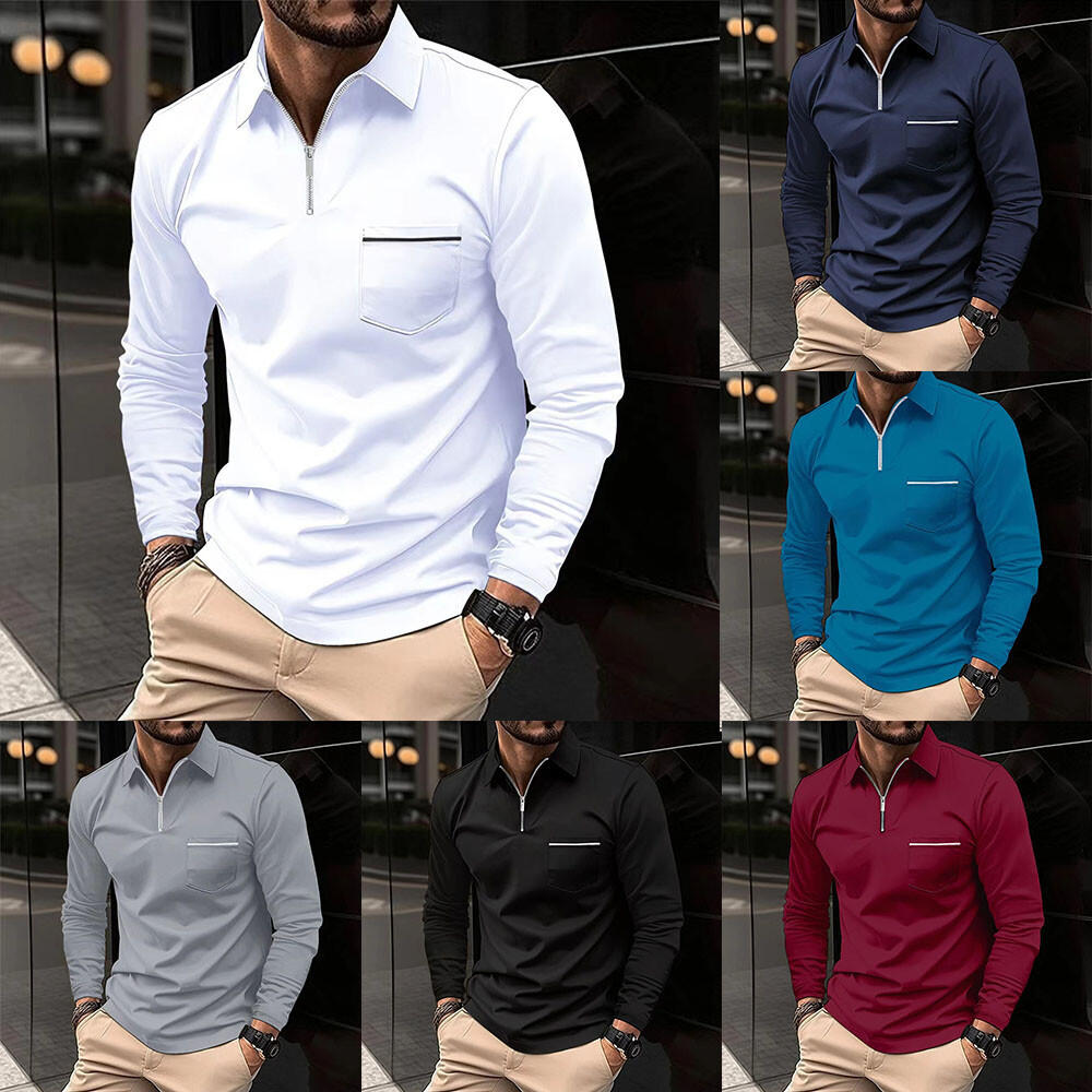 Men's Blouse T-Shirt Pullover Zip Lapel Long Sleeve Autumn Cotton Blend Tops
