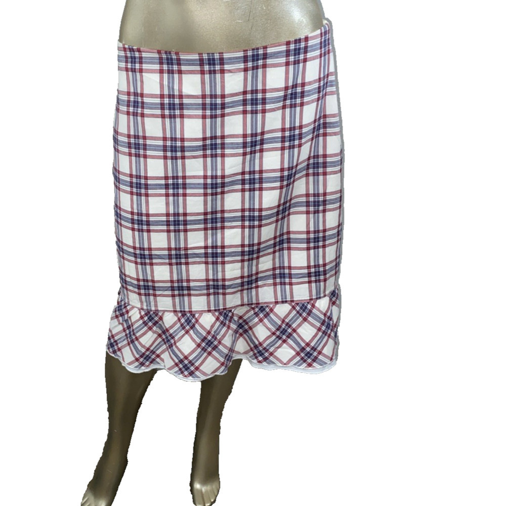 Tommy Hilfiger A-Line Skirt Women's 8 Red/Blue Plaid Ruffle Bottom Knee-Length