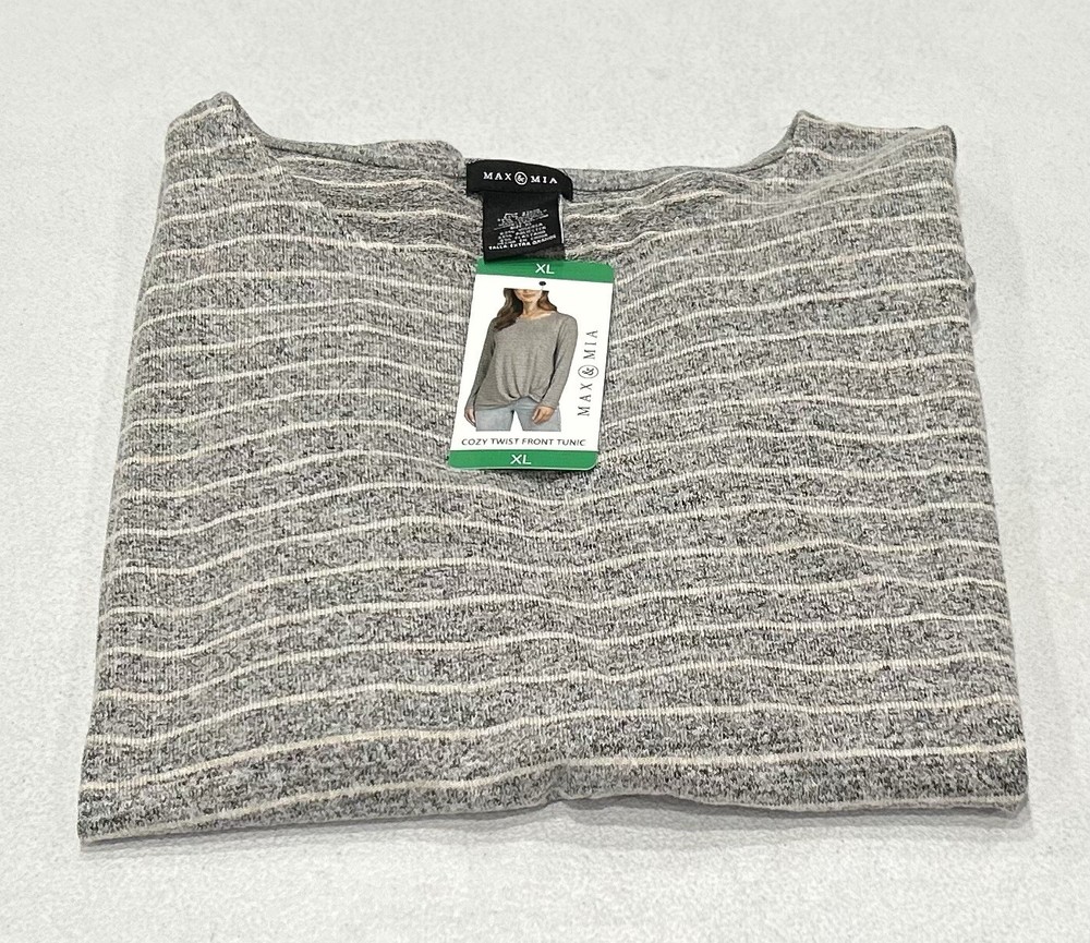 Max & Mia Women's Long Sleeve Cozy Twist Front Tunic Top, HT. Gray Stripe, XL